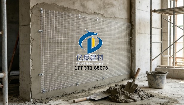 工地内墙抹灰铺设电焊网施工实景,网片搭接规范,用于墙体防裂加固.jpg